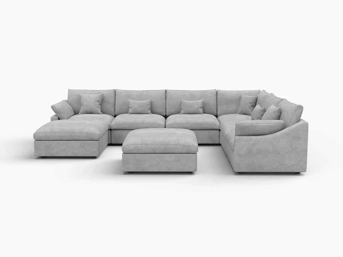 Deluxe Slope Cloud Sectional Sofa Covers | Light Grey Chenille and Linen Sofa Cover for 6-Seater with 2-Ottomans — product view 1