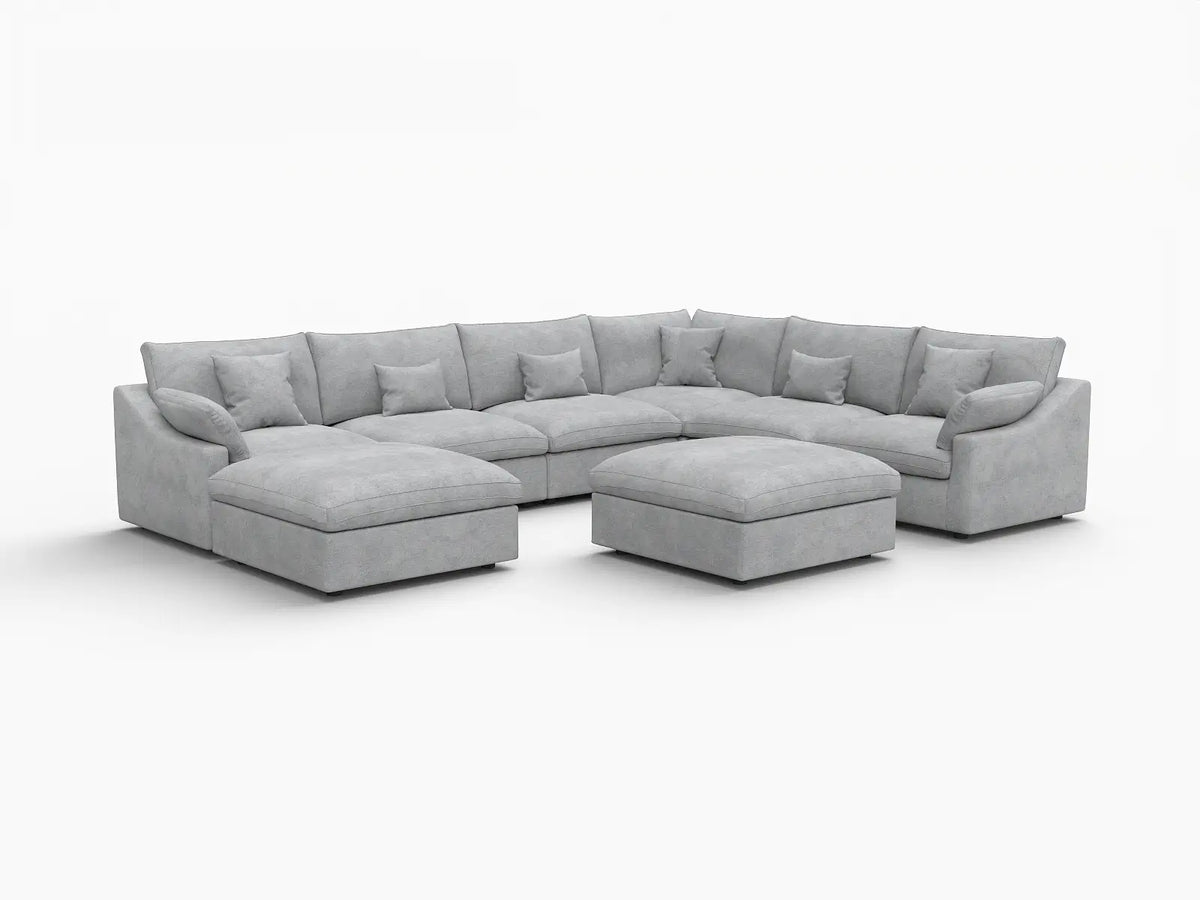 Deluxe Slope Cloud Sectional Sofa Covers | Light Grey Chenille and Linen Sofa Cover for 6-Seater with 2-Ottomans — product view 2