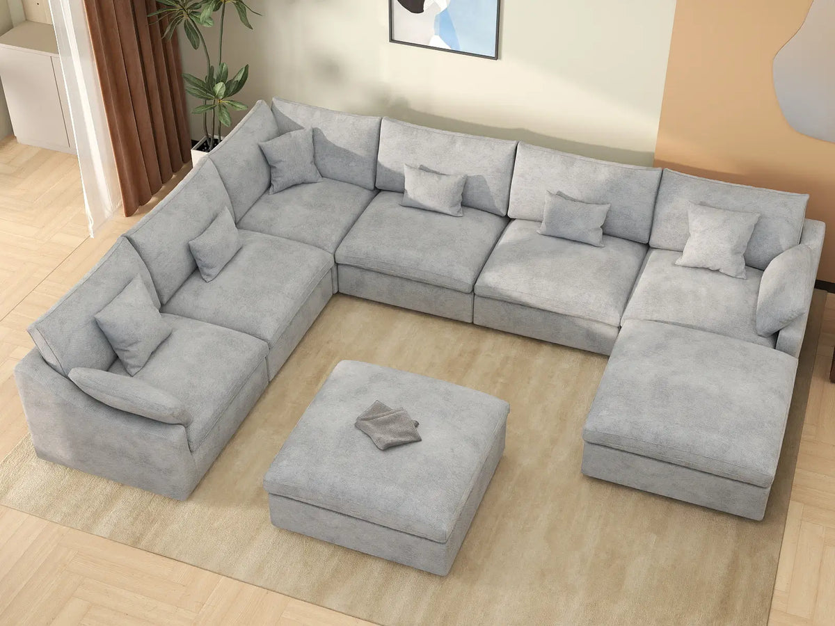 Deluxe Slope Cloud Sectional Sofa Covers | Light Grey Chenille and Linen Sofa Cover for 6-Seater with 2-Ottomans — product view 3