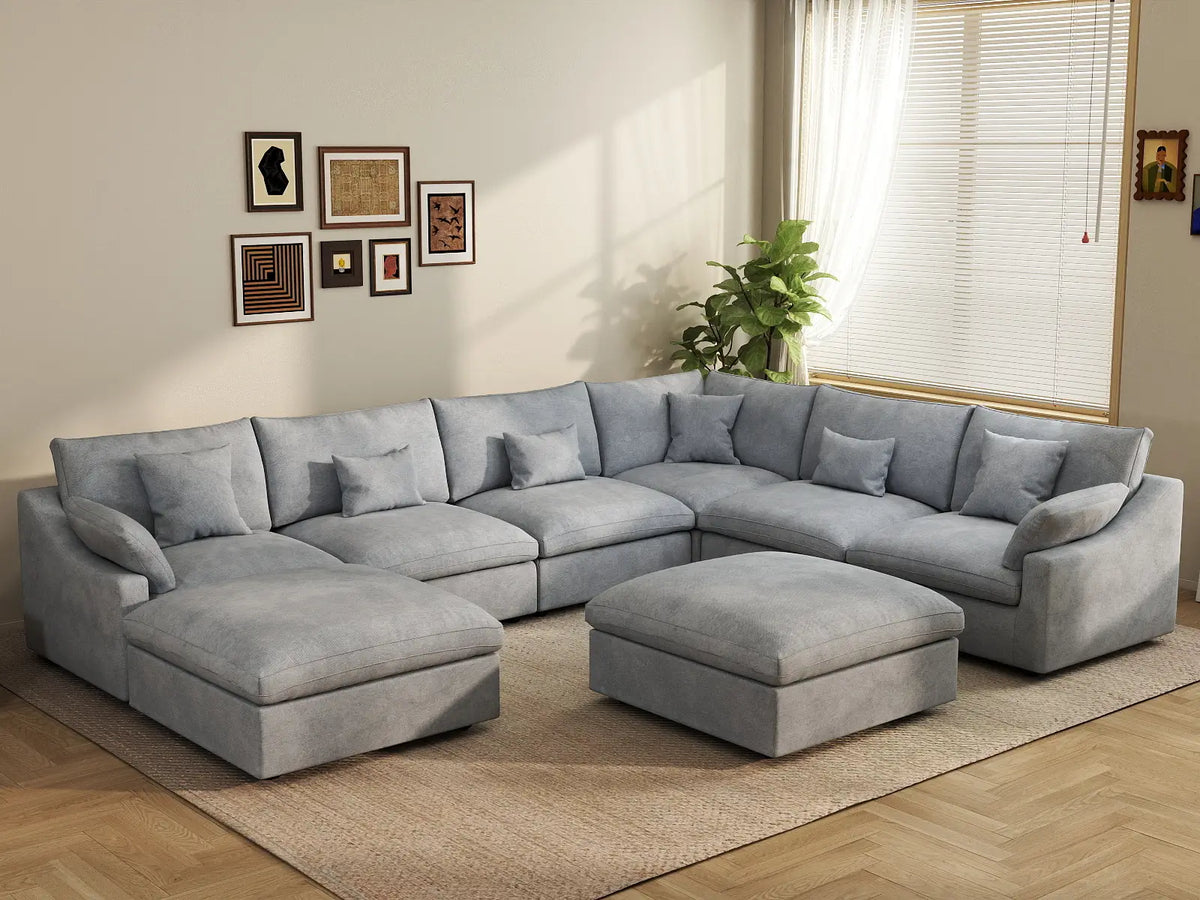 Deluxe Slope Cloud Sectional Sofa Covers | Light Grey Chenille and Linen Sofa Cover for 6-Seater with 2-Ottomans — product view 4