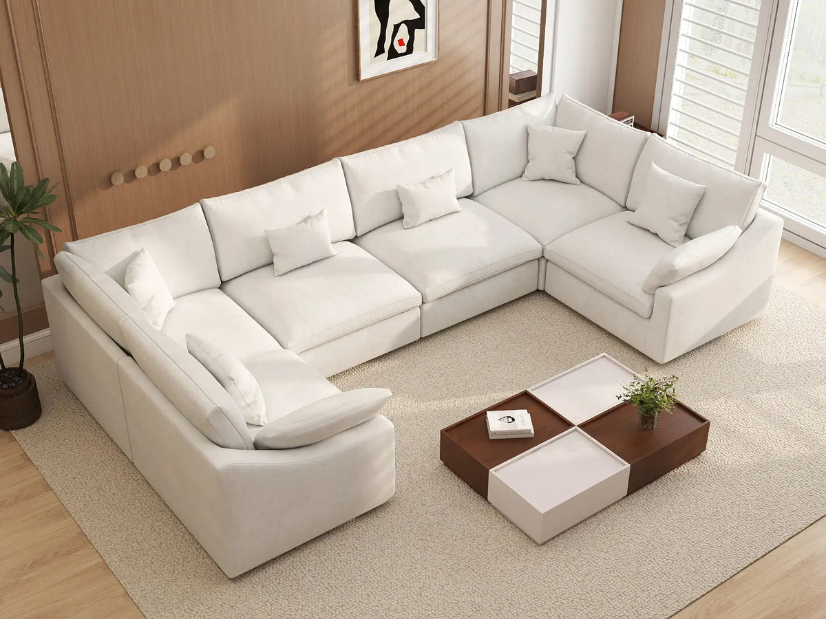 Deluxe Slope Cloud Sectional Sofa Covers | White Chenille and Linen Sofa Cover for 6-Seater — product view 3