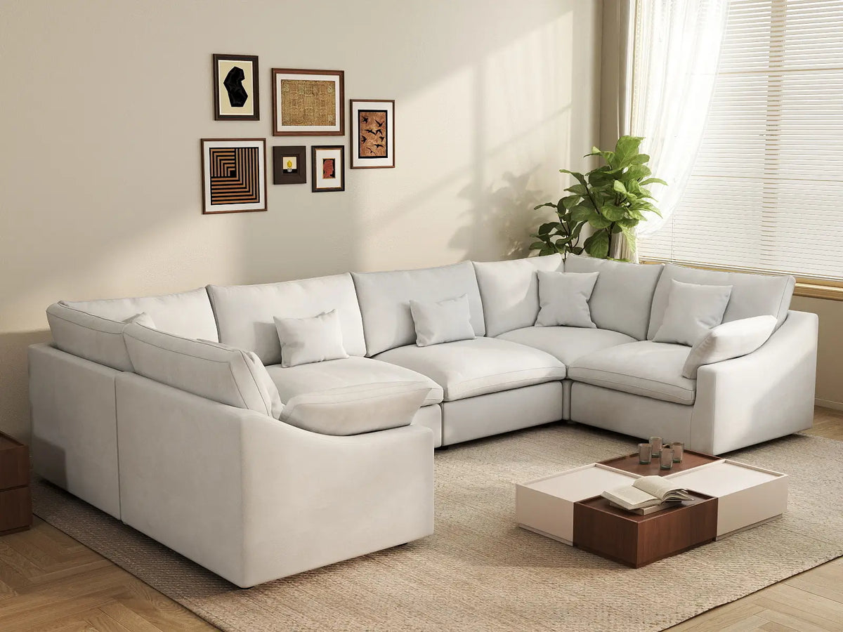 Deluxe Slope Cloud Sectional Sofa Covers | White Chenille and Linen Sofa Cover for 6-Seater — product view 4
