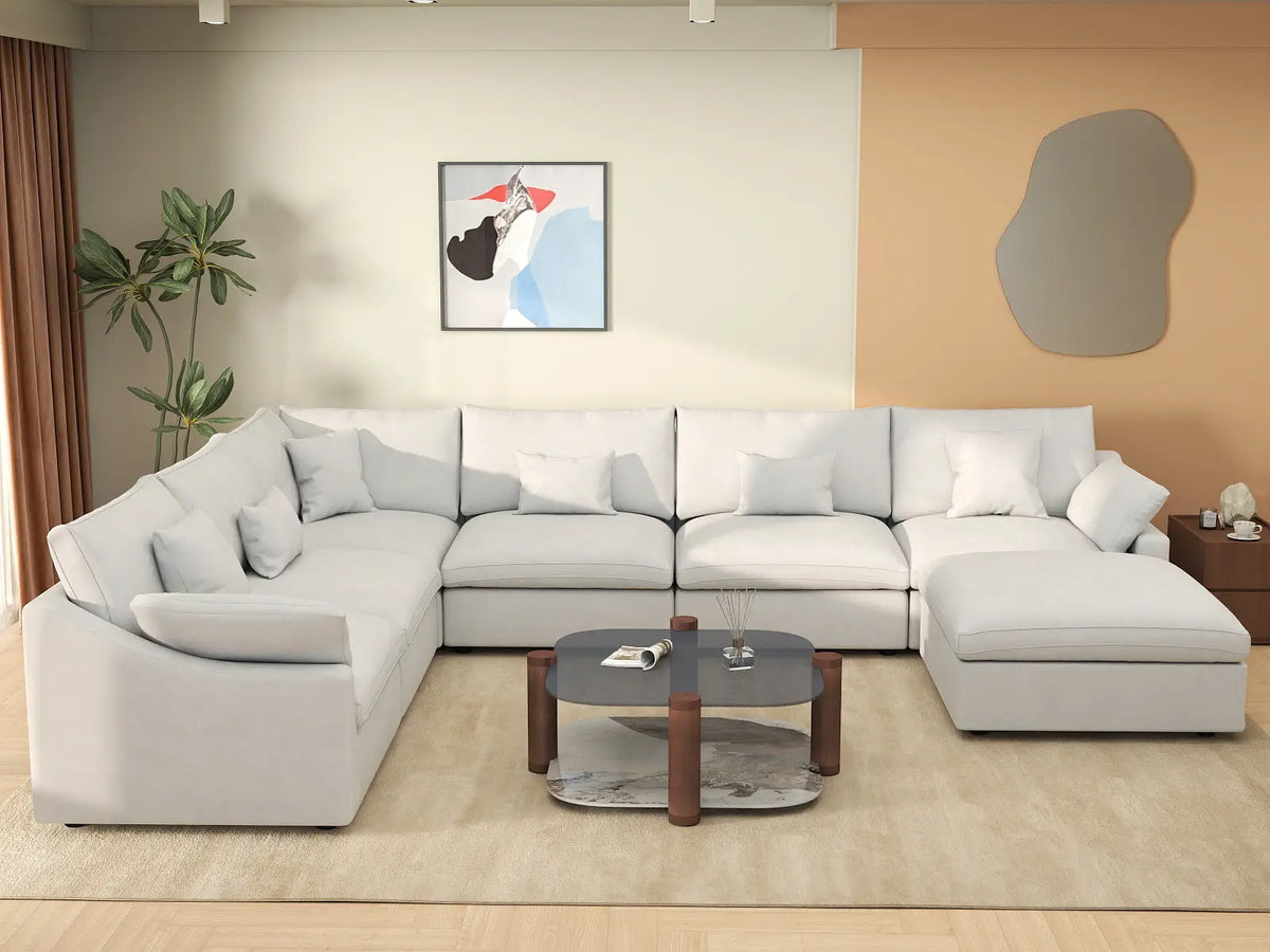 Deluxe Slope Cloud Sectional Sofa Covers | White Chenille and Linen Sofa Cover for 6-Seater with 1-Ottoman — product view 3