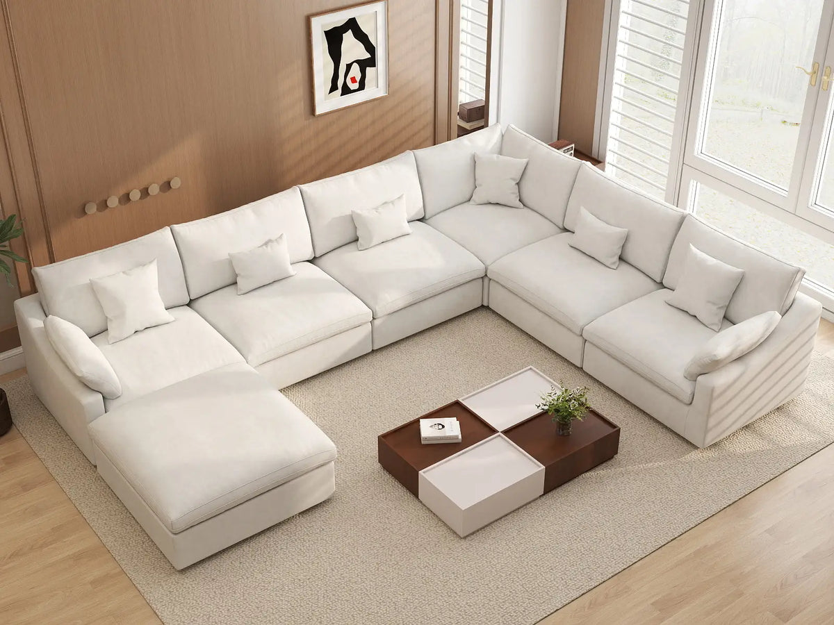 Deluxe Slope Cloud Sectional Sofa Covers | White Chenille and Linen Sofa Cover for 6-Seater with 1-Ottoman — product view 4