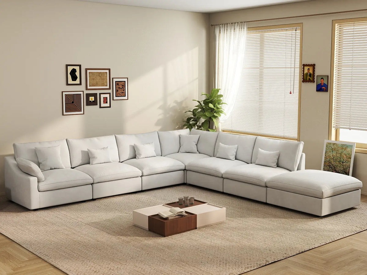 Deluxe Slope Cloud Sectional Sofa Covers | White Chenille and Linen Sofa Cover for 6-Seater with 1-Ottoman — product view 3