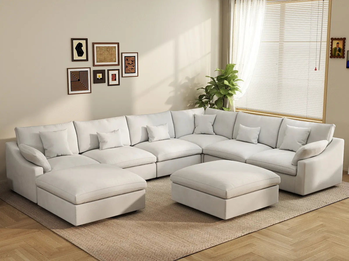 Deluxe Slope Cloud Sectional Sofa Covers | White Chenille and Linen Sofa Cover for 6-Seater with 2-Ottomans — product view 4