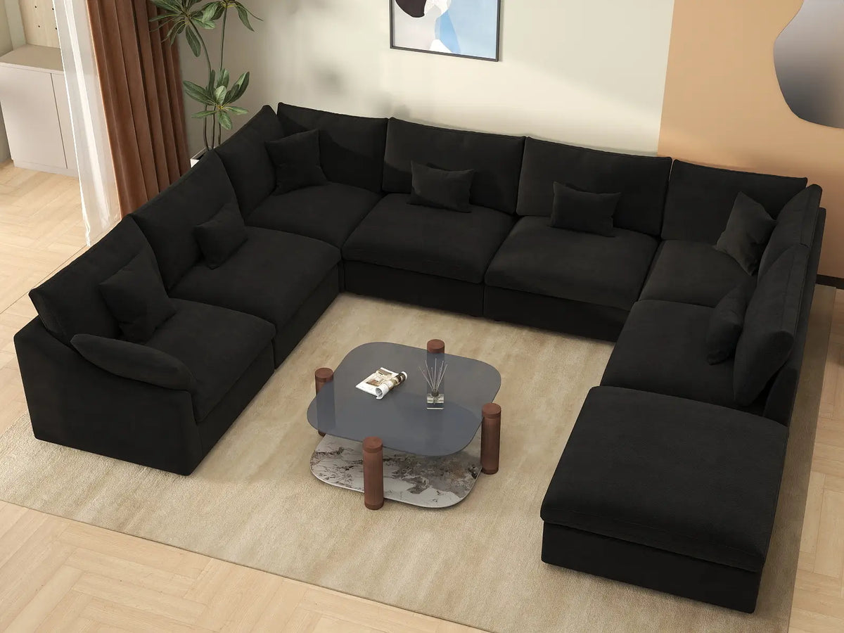 Deluxe Slope Cloud Sectional Sofa Covers | Black Chenille and Linen Sofa Cover for 7-Seater with 1-Ottoman — product view 3