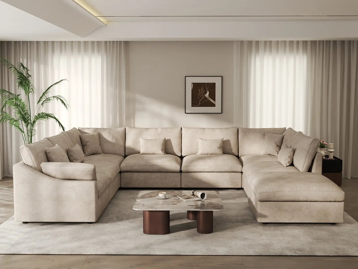 Deluxe Slope Cloud Sectional Sofa Covers | Khaki Chenille and Linen Sofa Cover for 7-Seater with 1-Ottoman — product view 3