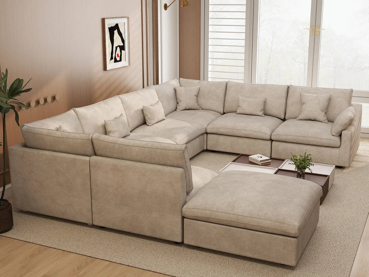 Deluxe Slope Cloud Sectional Sofa Covers | Khaki Chenille and Linen Sofa Cover for 7-Seater with 1-Ottoman — product view 4