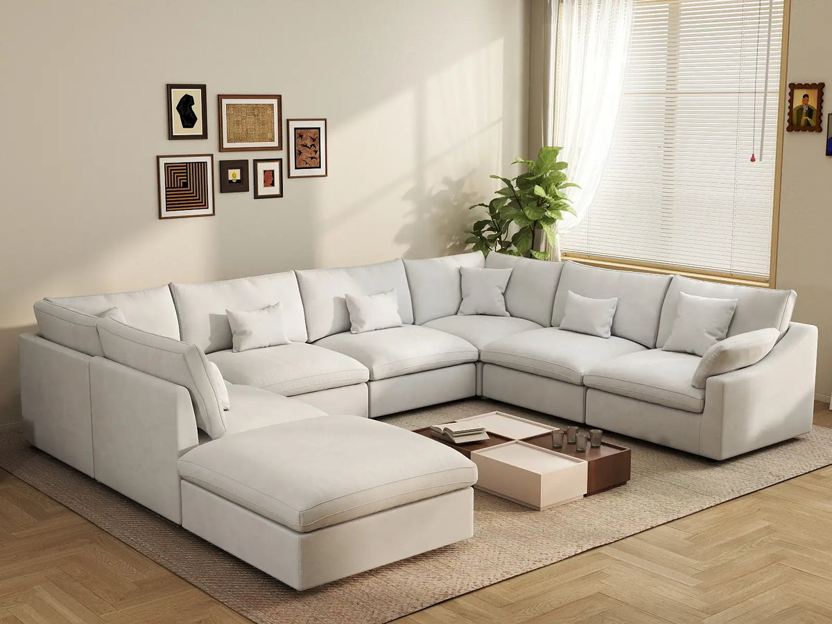 Deluxe Slope Cloud Sectional Sofa Covers | White Chenille and Linen Sofa Cover for 7-Seater with 1-Ottoman — product view 4