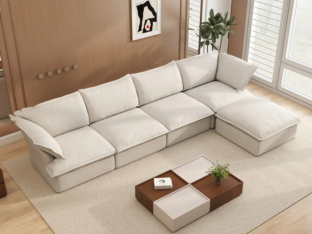 Deluxe Linen Cloud Sectional Sofas Covers | Beige Cotton and Linen Sofa Cover for 4-Seater — product view 3