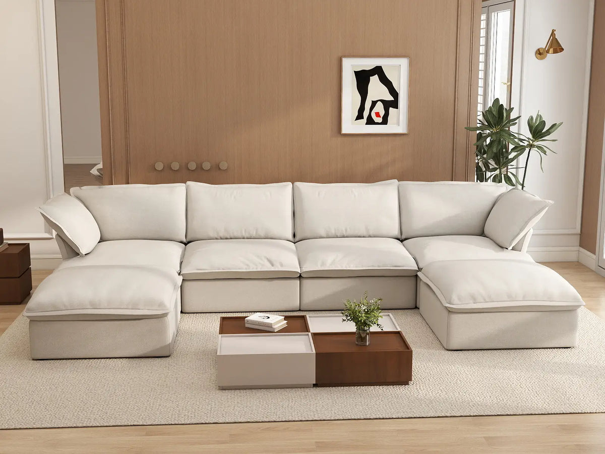 Deluxe Linen Cloud Sectional Sofas Covers | Beige Cotton and Linen Sofa Cover for 5-Seater — product view 3