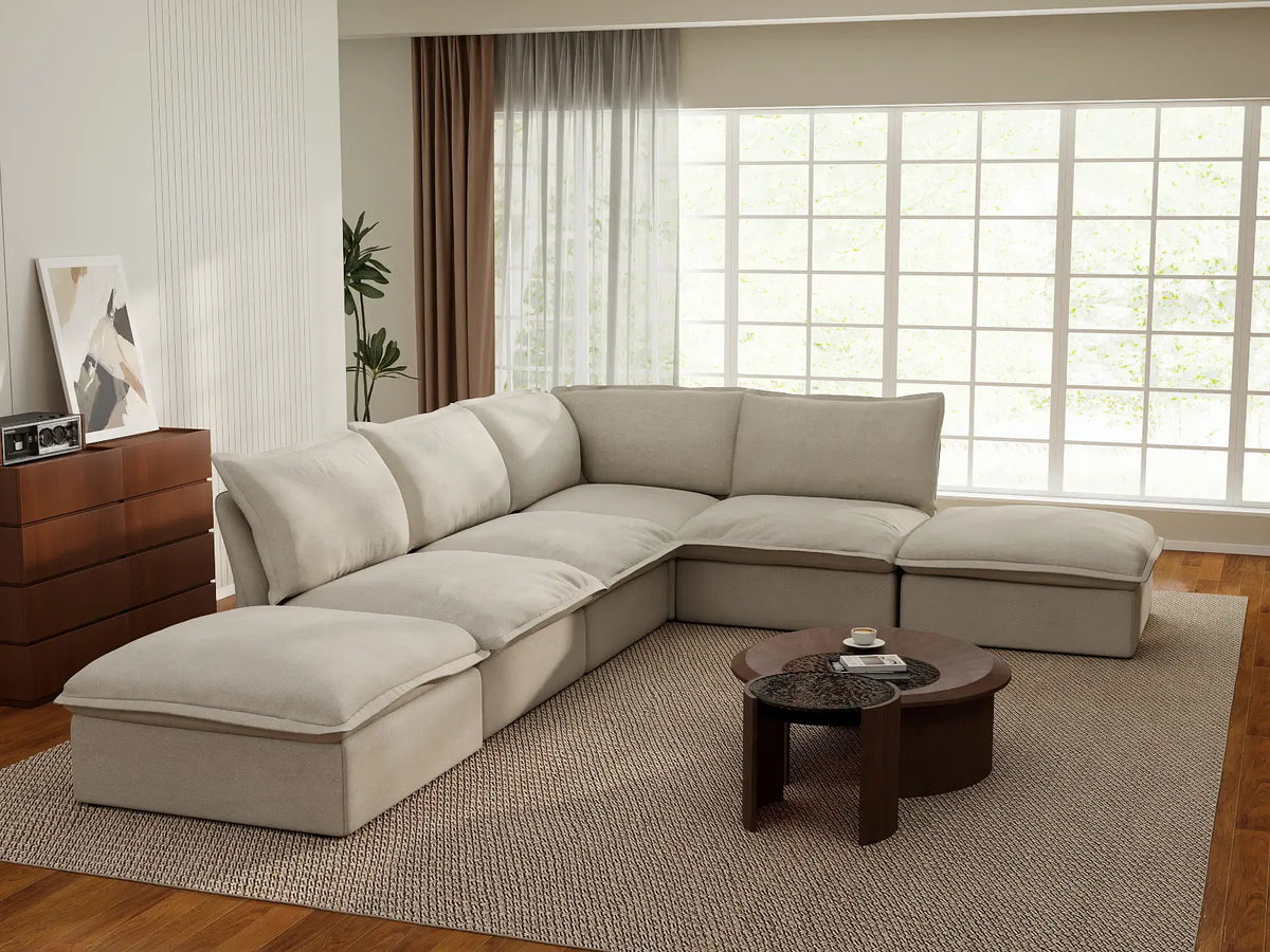 Deluxe Linen Cloud Sectional Sofas Covers | Beige Linen and Cotton Sofa Cover for 4-Seater with 2-Ottoman — product view 3