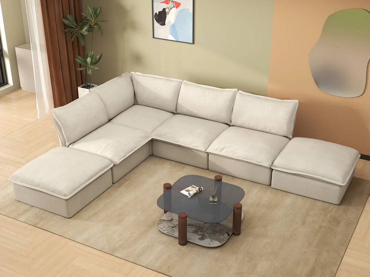 Deluxe Linen Cloud Sectional Sofas Covers | Beige Linen and Cotton Sofa Cover for 4-Seater with 2-Ottoman — product view 4