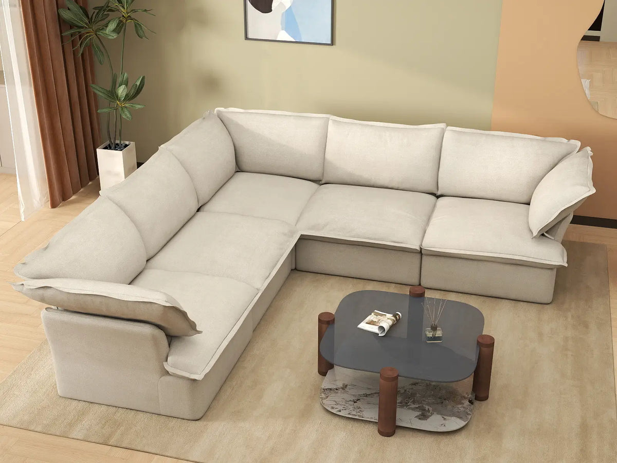 Deluxe Linen Cloud Sectional Sofas Covers | Beige Cotton and Linen Sofa Cover for 5-Seater — product view 3