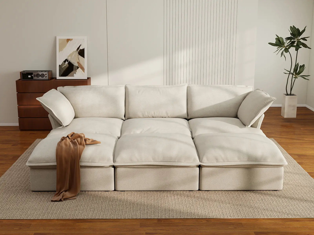 Deluxe Linen Cloud Sectional Sofas Covers | Beige Linen and Cotton Sofa Cover for 3-Seater with 3-Ottoman — product view 3