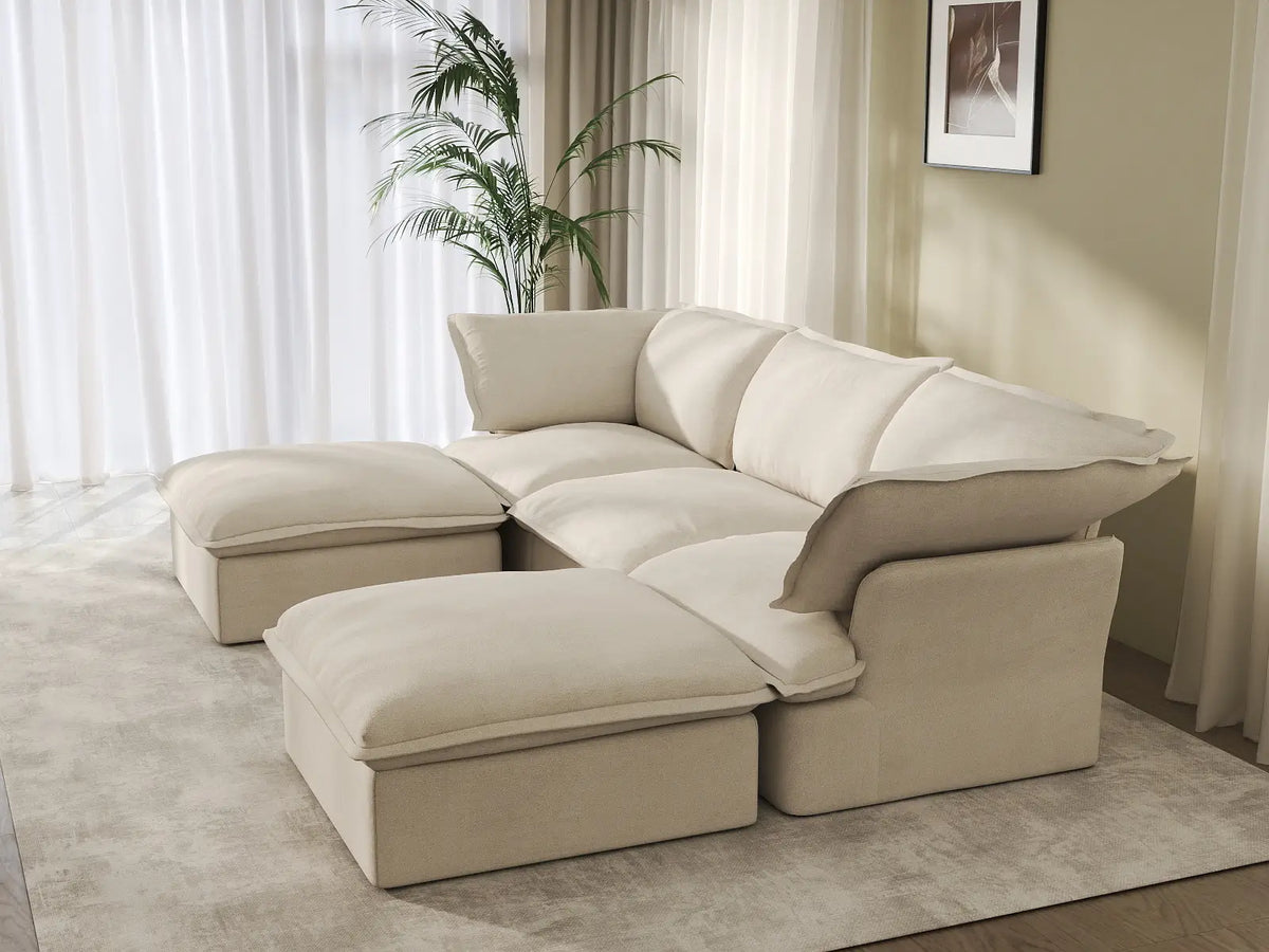 Deluxe Linen Cloud Sectional Sofas Covers | Beige Linen and Cotton Sofa Cover for 3-Seater with 2-Ottoman — product view 3