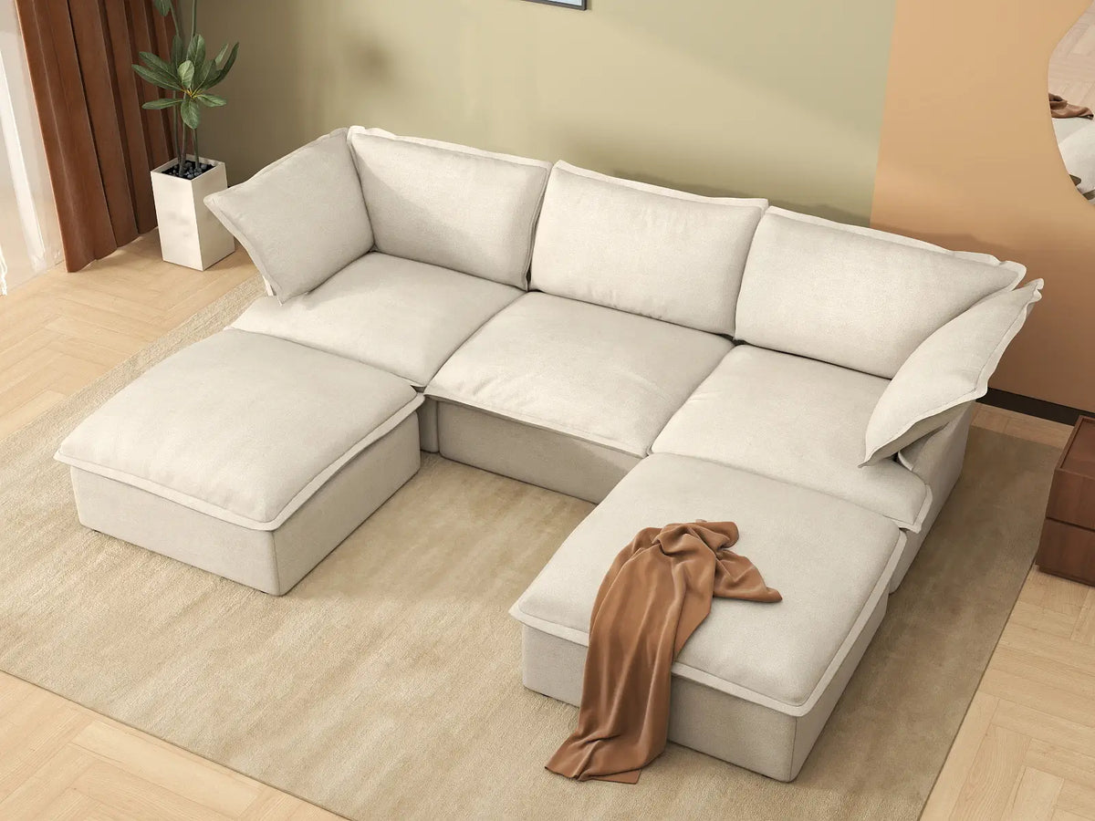 Deluxe Linen Cloud Sectional Sofas Covers | Beige Linen and Cotton Sofa Cover for 3-Seater with 2-Ottoman — product view 4
