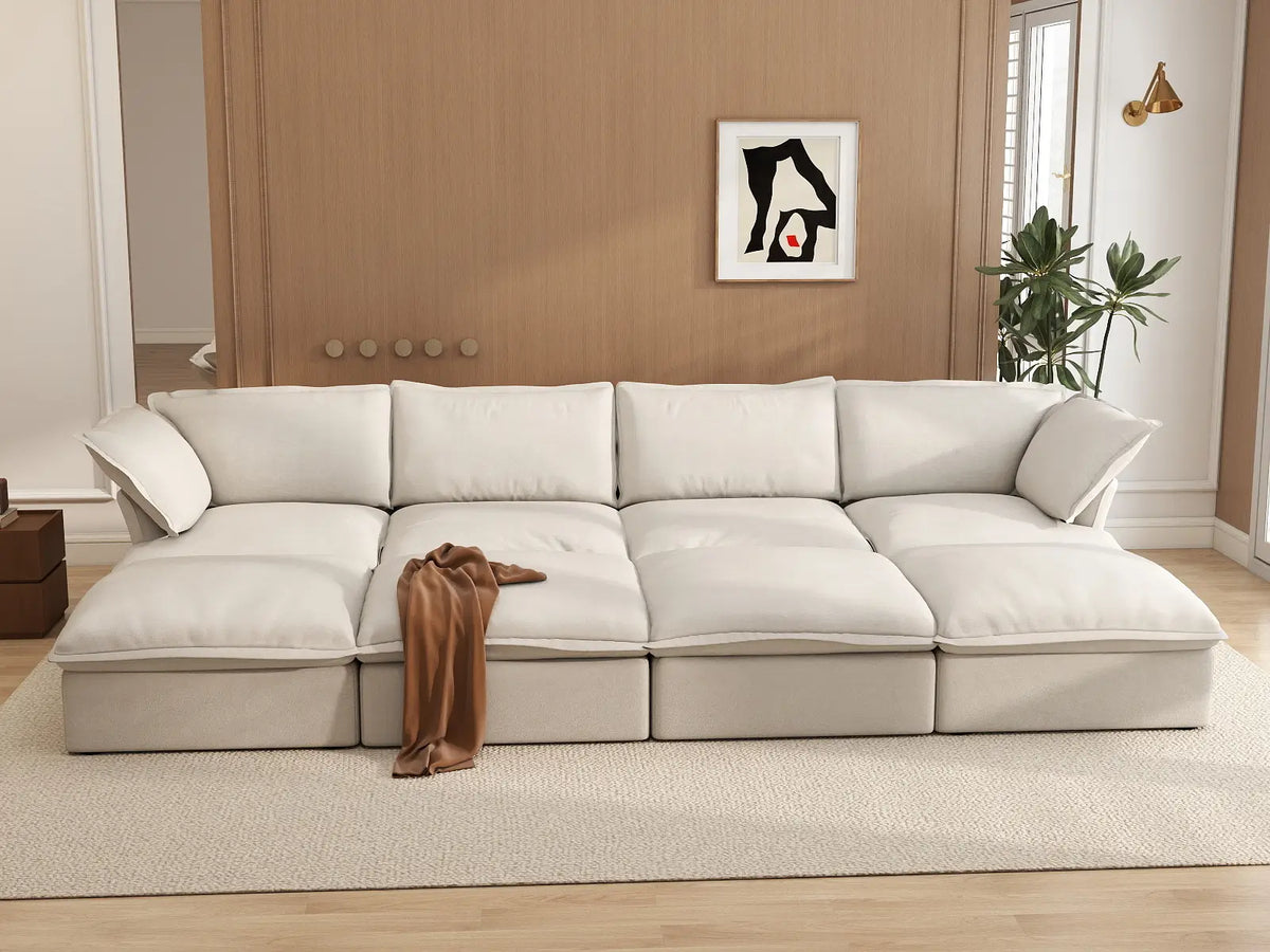 Deluxe Linen Cloud Sectional Sofas Covers | Beige Linen and Cotton Sofa Cover for 4-Seater with 4-Ottoman — product view 4