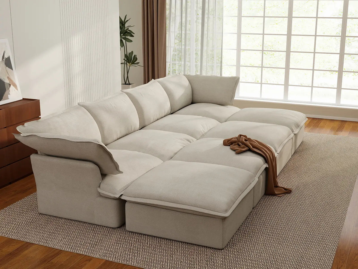 Deluxe Linen Cloud Sectional Sofas Covers | Beige Linen and Cotton Sofa Cover for 4-Seater with 4-Ottoman — product view 3