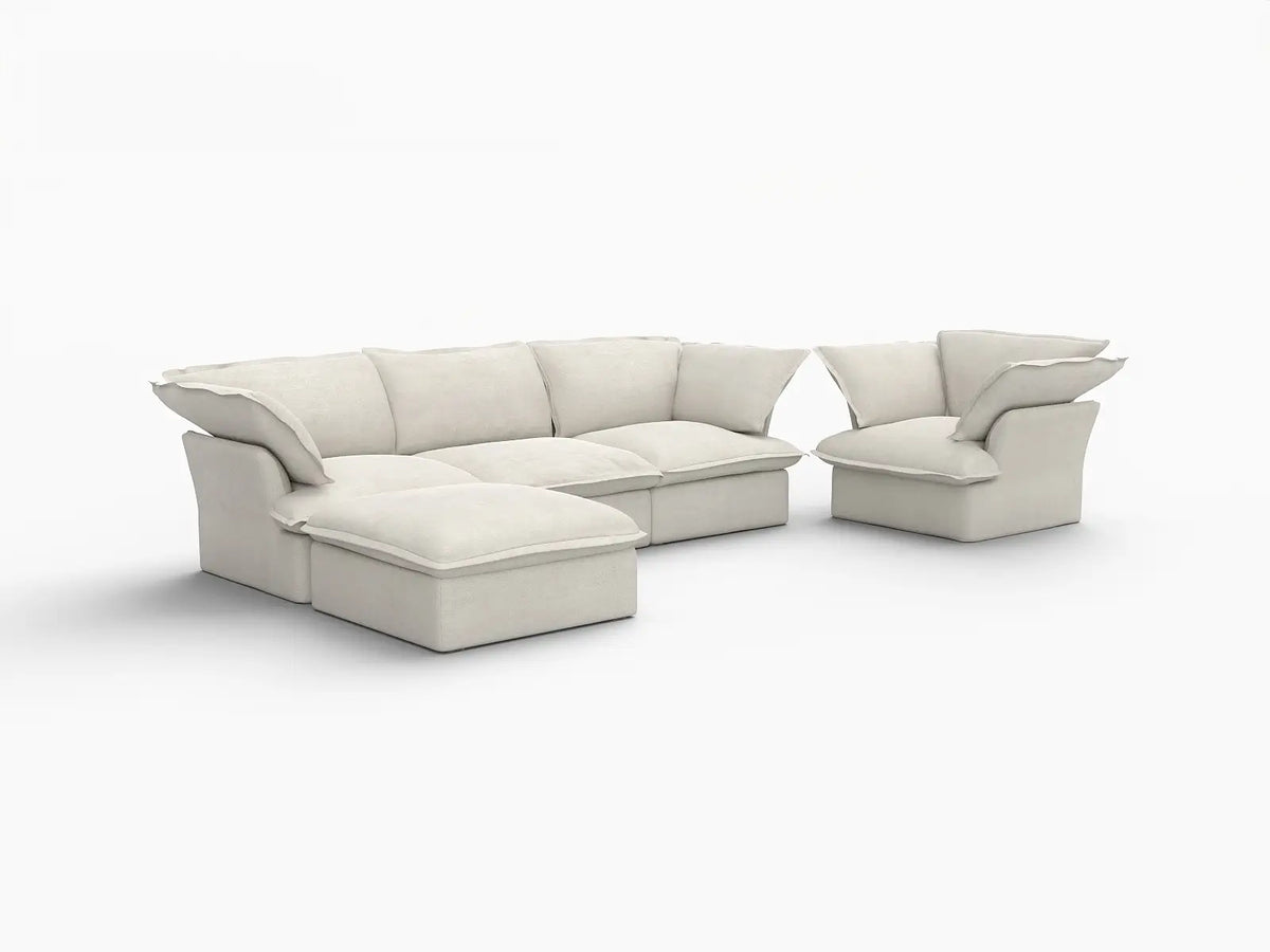 Deluxe Linen Cloud Sectional Sofas Covers | Beige Linen and Cotton Sofa Cover for 4-Seater with 1-Ottoman — product view 2
