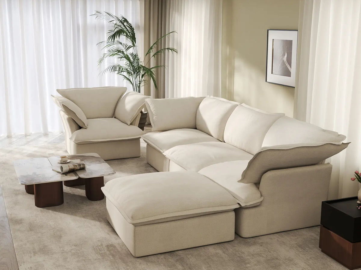 Deluxe Linen Cloud Sectional Sofas Covers | Beige Linen and Cotton Sofa Cover for 4-Seater with 1-Ottoman — product view 4