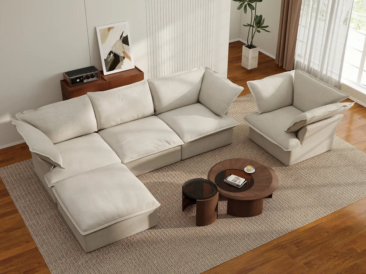 Deluxe Linen Cloud Sectional Sofas Covers | Beige Linen and Cotton Sofa Cover for 4-Seater with 1-Ottoman — product view 3