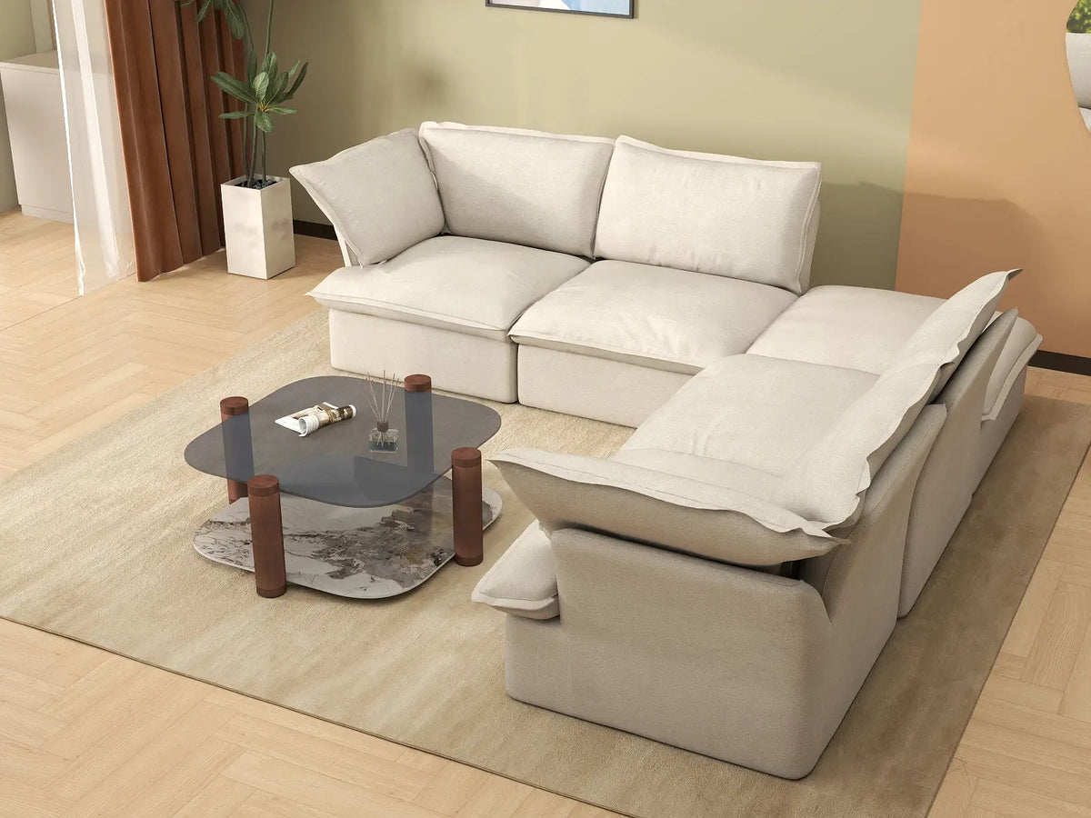 Deluxe Linen Cloud Sectional Sofas Covers | Beige Linen and Cotton Sofa Cover for 4-Seater with 1-Ottoman — product view 3