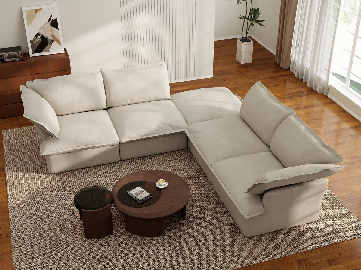 Deluxe Linen Cloud Sectional Sofas Covers | Beige Linen and Cotton Sofa Cover for 4-Seater with 1-Ottoman — product view 4
