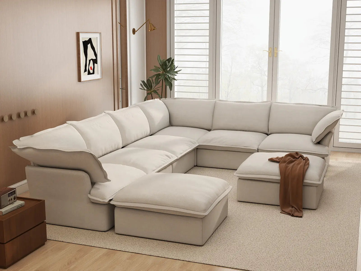 Deluxe Linen Cloud Sectional Sofas Covers | Beige Linen and Cotton Sofa Cover for 6-Seater with 2-Ottoman — product view 4