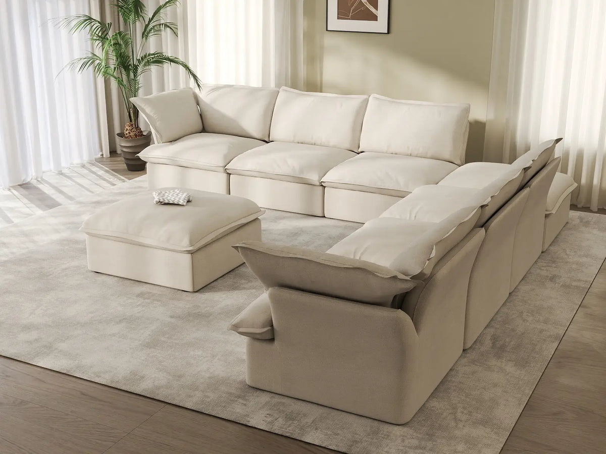 Deluxe Linen Cloud Sectional Sofas Covers | Beige Linen and Cotton Sofa Cover for 6-Seater with 2-Ottoman — product view 3