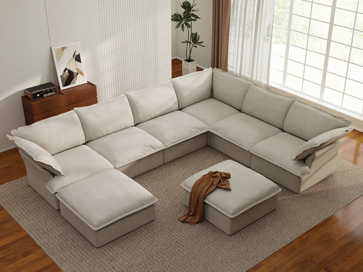 Deluxe Linen Cloud Sectional Sofas Covers | Beige Linen and Cotton Sofa Cover for 6-Seater with 2-Ottoman — product view 3