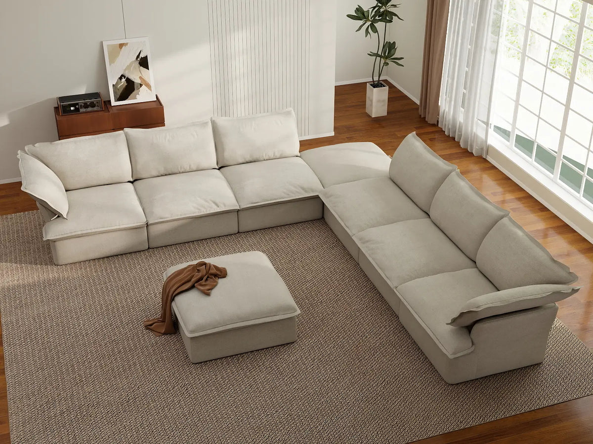 Deluxe Linen Cloud Sectional Sofas Covers | Beige Linen and Cotton Sofa Cover for 6-Seater with 2-Ottoman — product view 4