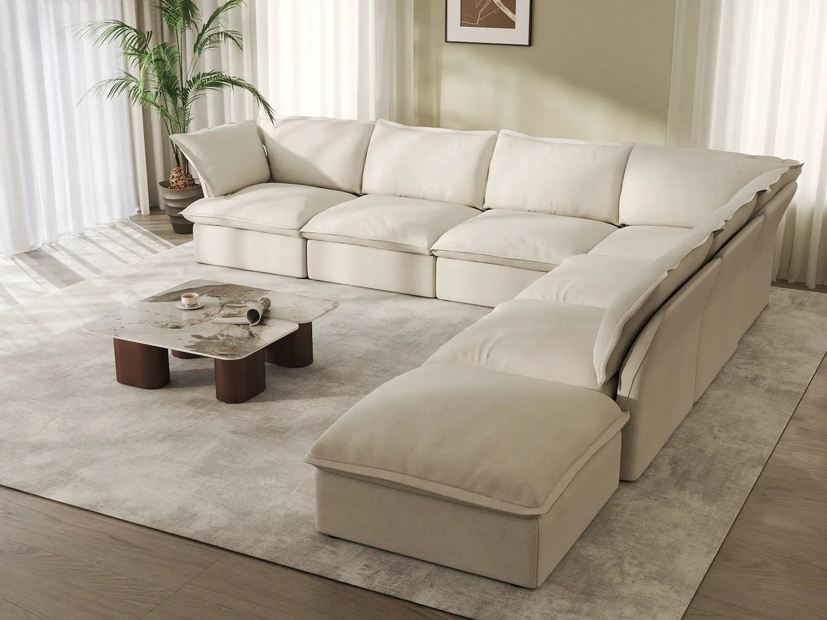 Deluxe Linen Cloud Sectional Sofas Covers | Beige Linen and Cotton Sofa Cover for 6-Seater with 1-Ottoman — product view 3