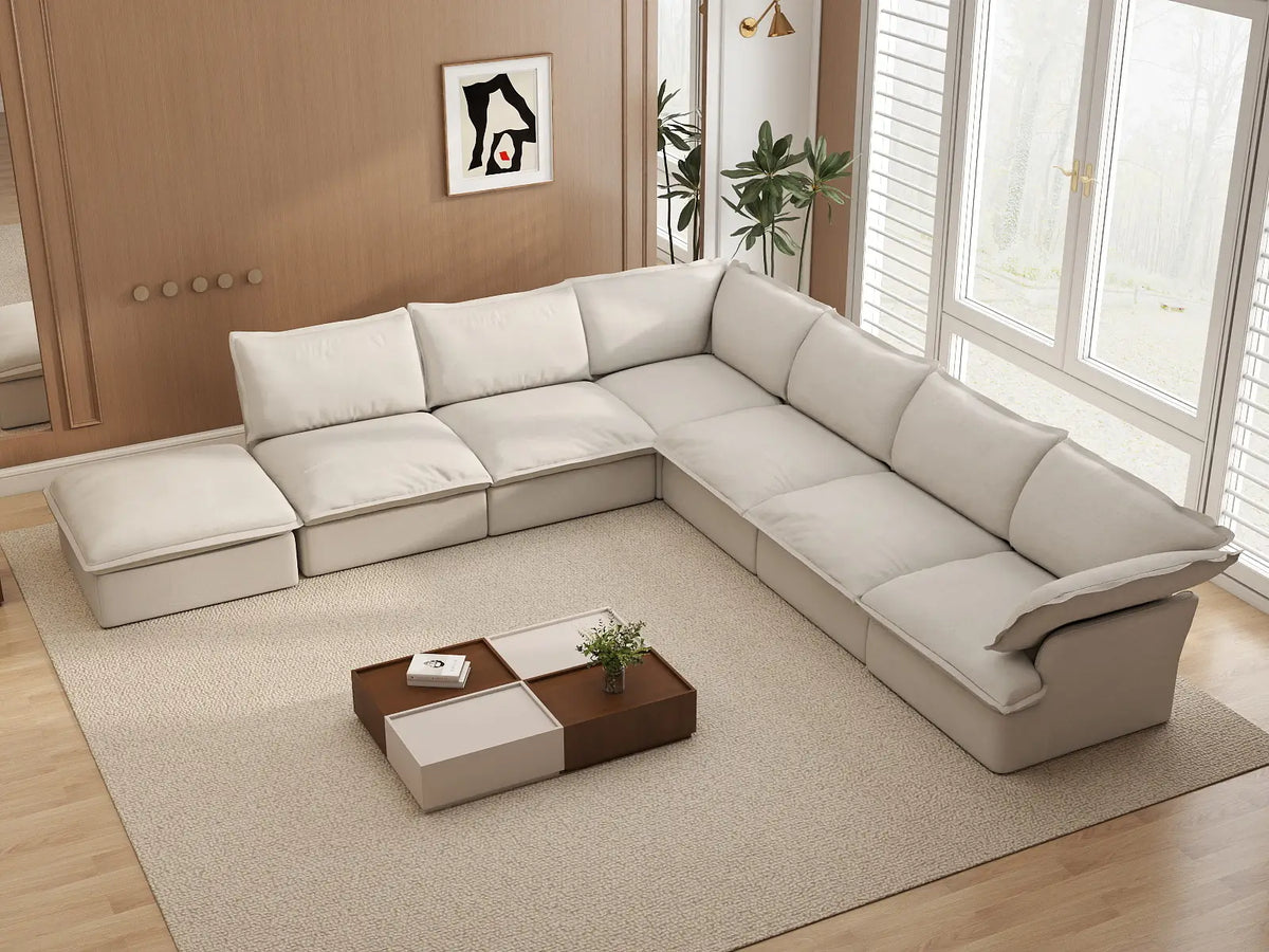 Deluxe Linen Cloud Sectional Sofas Covers | Beige Linen and Cotton Sofa Cover for 6-Seater with 1-Ottoman — product view 4