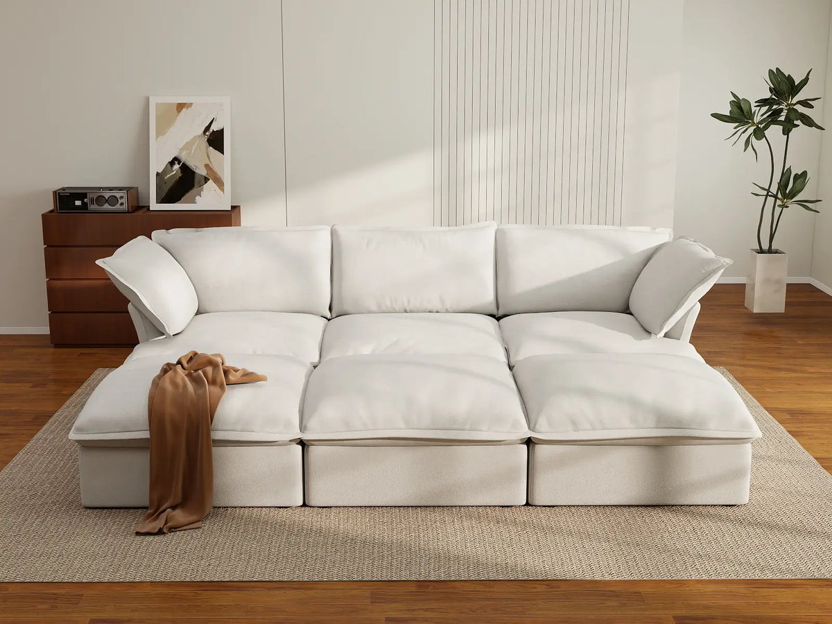 Deluxe Linen Cloud Sectional Sofas Covers | White Linen and Cotton Sofa Cover for 3-Seater with 3-Ottoman — product view 4