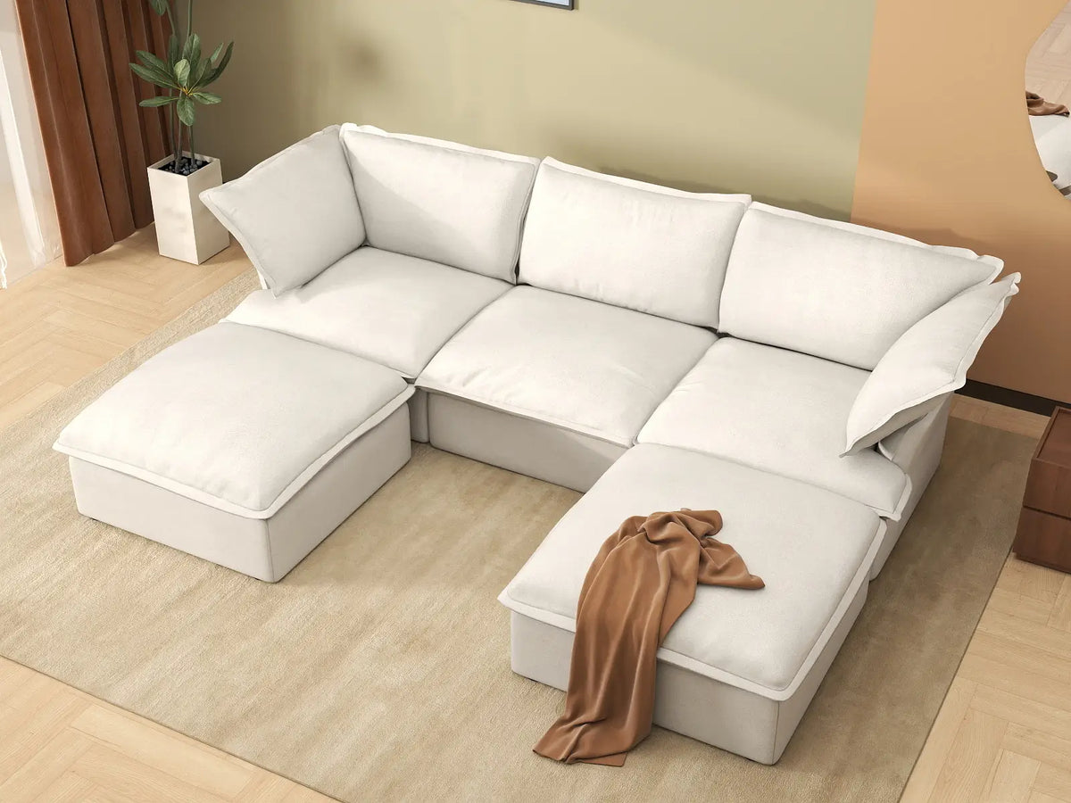 Deluxe Linen Cloud Sectional Sofas Covers | White Linen and Cotton Sofa Cover for 3-Seater with 2-Ottoman — product view 3