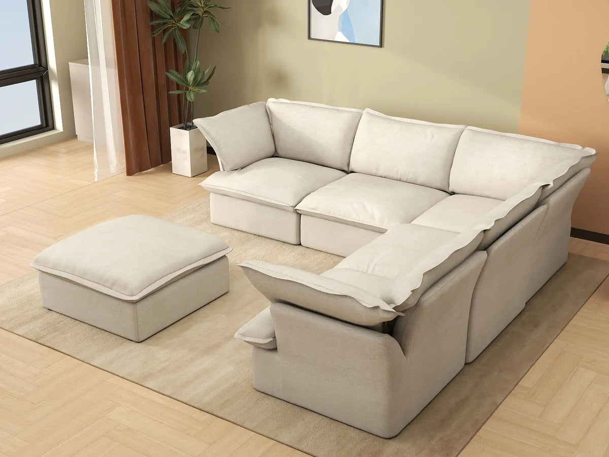 Deluxe Linen Cloud Sectional Sofas Covers | Beige Linen and Cotton Sofa Cover for 5-Seater with 1-Ottoman — product view 3