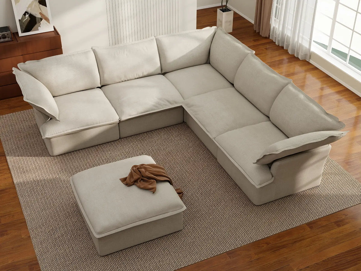 Deluxe Linen Cloud Sectional Sofas Covers | Beige Linen and Cotton Sofa Cover for 5-Seater with 1-Ottoman — product view 4
