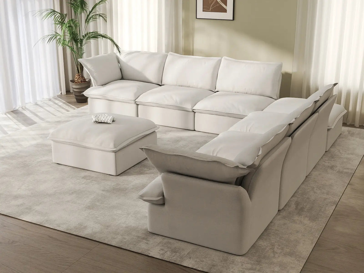 Deluxe Linen Cloud Sectional Sofas Covers | White Linen and Cotton Sofa Cover for 6-Seater with 2-Ottoman — product view 3