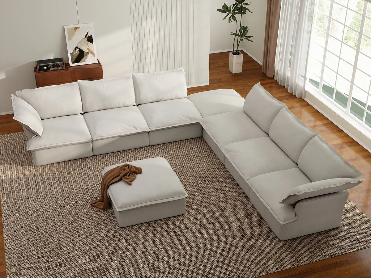 Deluxe Linen Cloud Sectional Sofas Covers | White Linen and Cotton Sofa Cover for 6-Seater with 2-Ottoman — product view 4