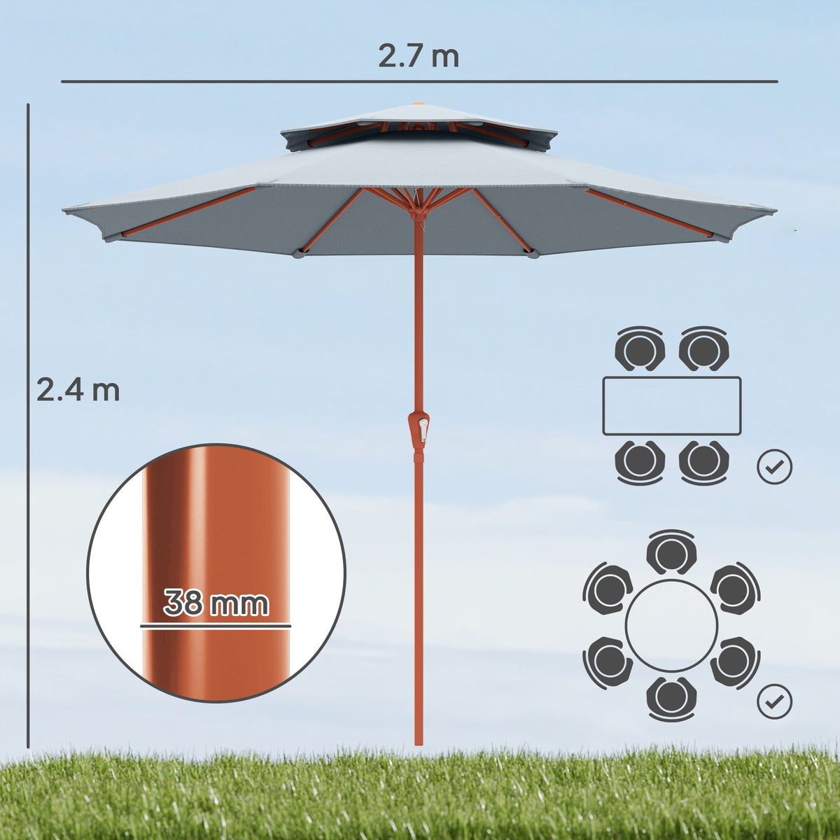 104'' x 104'' Patio Umbrella with Crank and Double Top, Light Grey — product view 5
