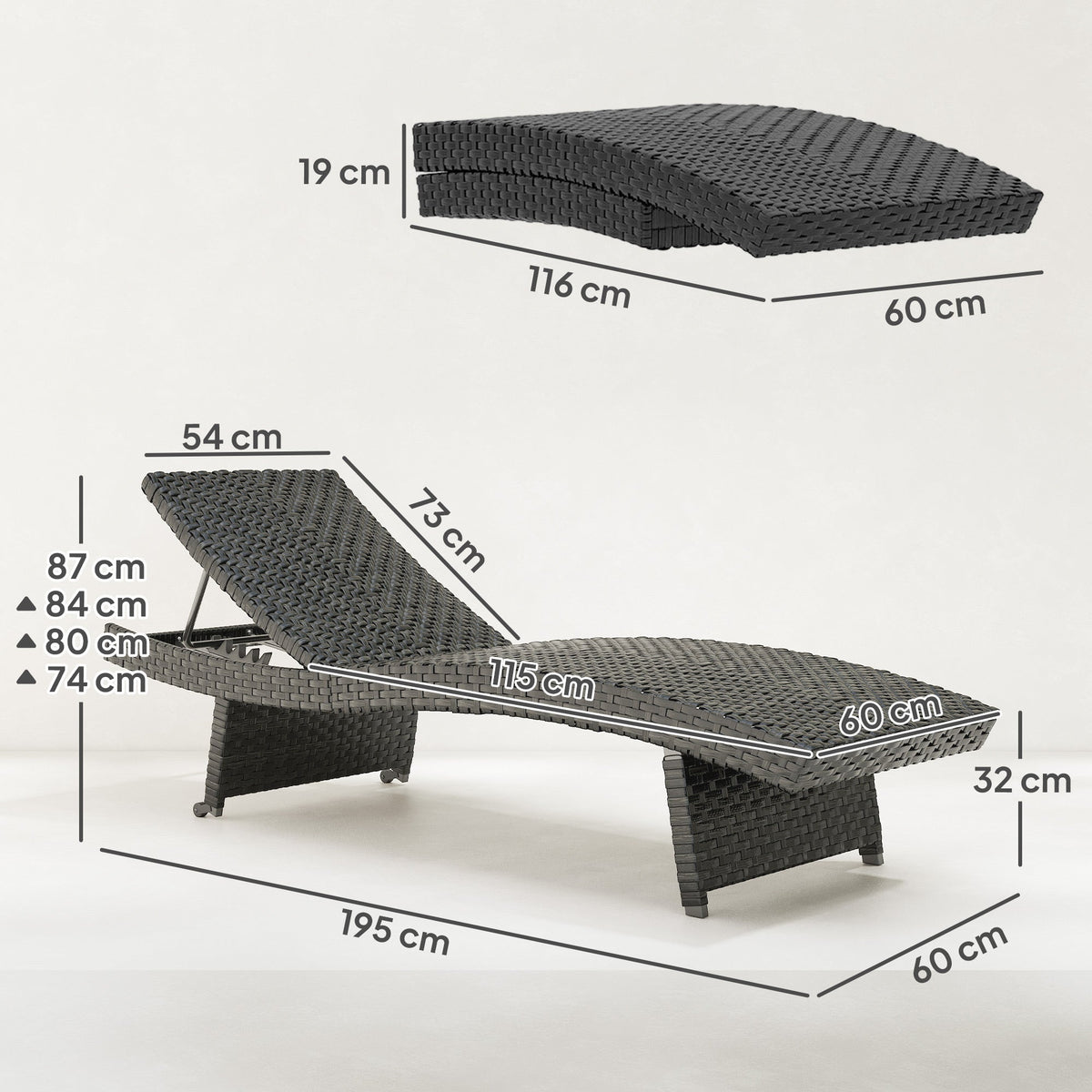 Folding PE Rattan Sun Lounger with Wheels & Adjustable Backrest, Black — product view 5