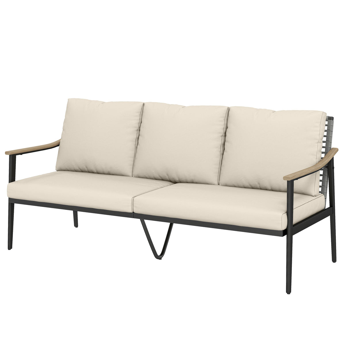3 Seater Rattan Sofa with Wood-Effect Armrests, Khaki — product view 2