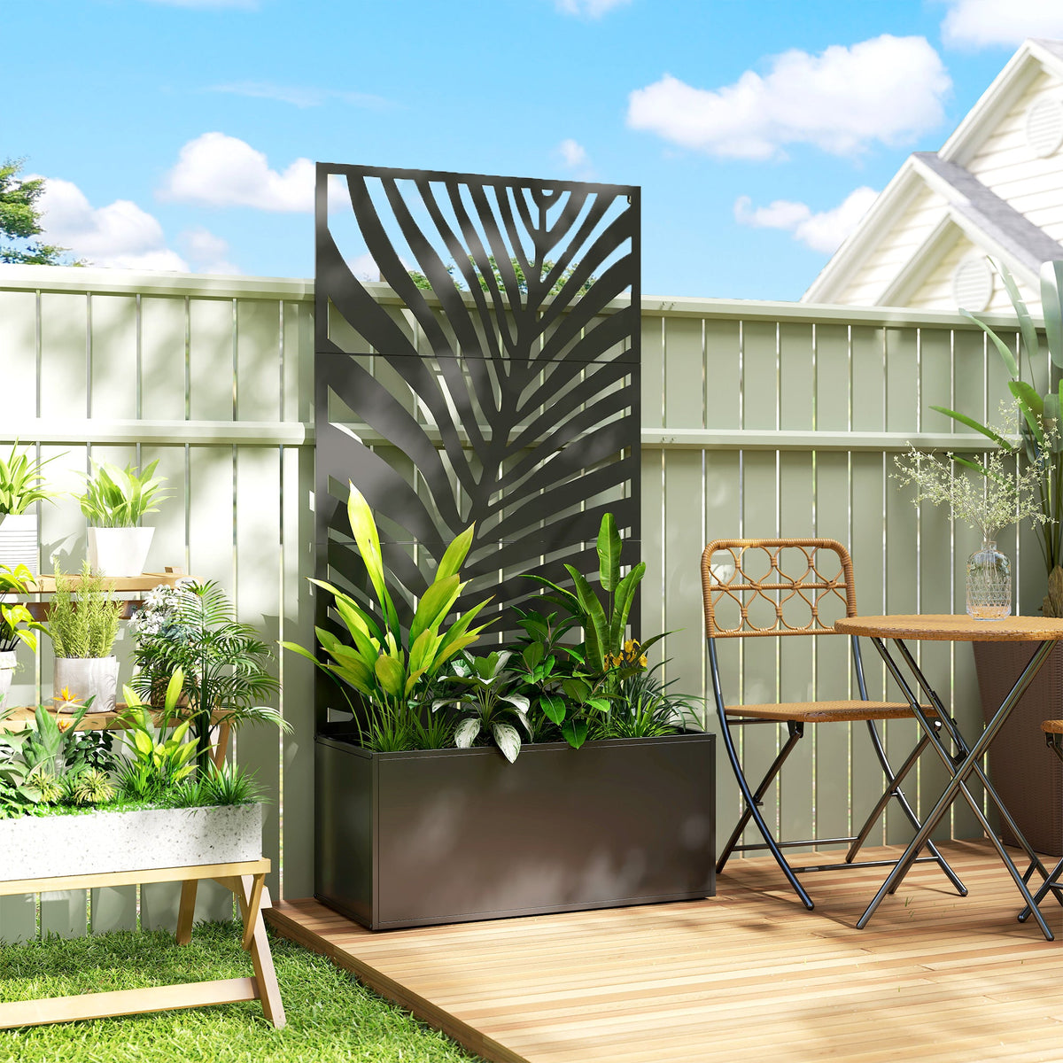 71" Metal Planter Box with Trellis, Large Leaf Cut-Out — product view 4