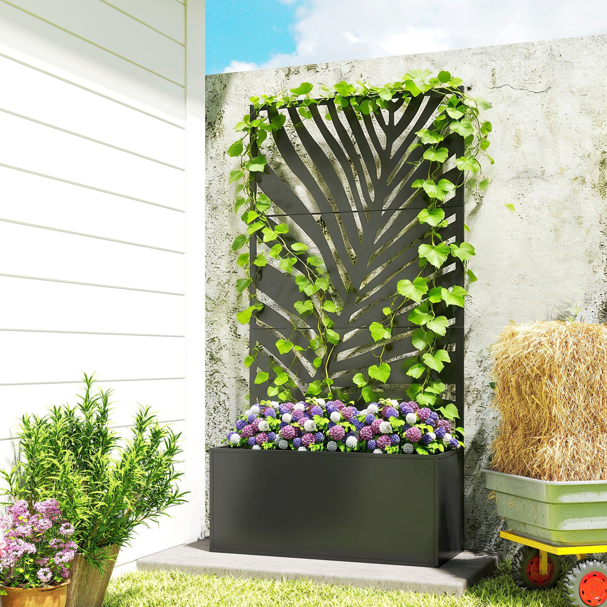 71" Metal Planter Box with Trellis, Large Leaf Cut-Out — product view 3