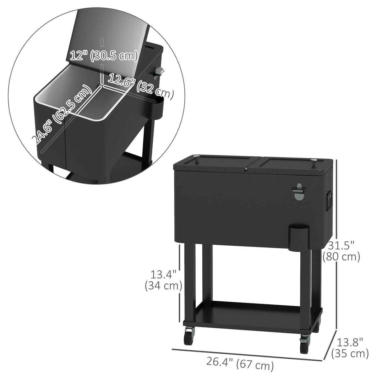 60 Quart Rolling Patio Cooler Cart with Shelf and Bottle Opener, Black — product view 5