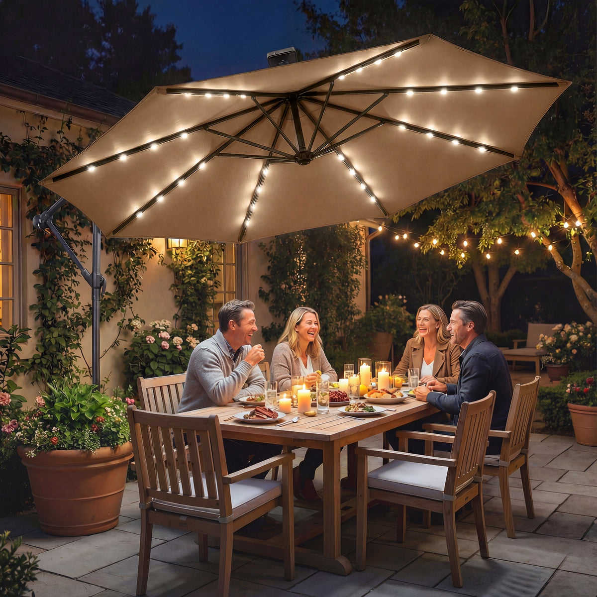 9.7 ft Cantilever Patio Umbrella with Solar LED Light and Cover, Khaki — product view 4