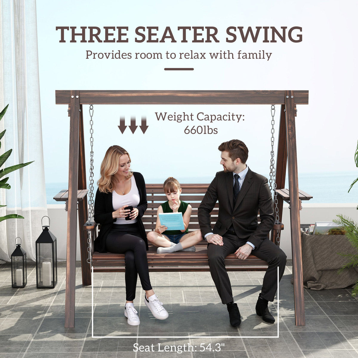 3-Seat Wooden Porch Swing with Stand & Side Tables, Carbonized Brown — product view 6