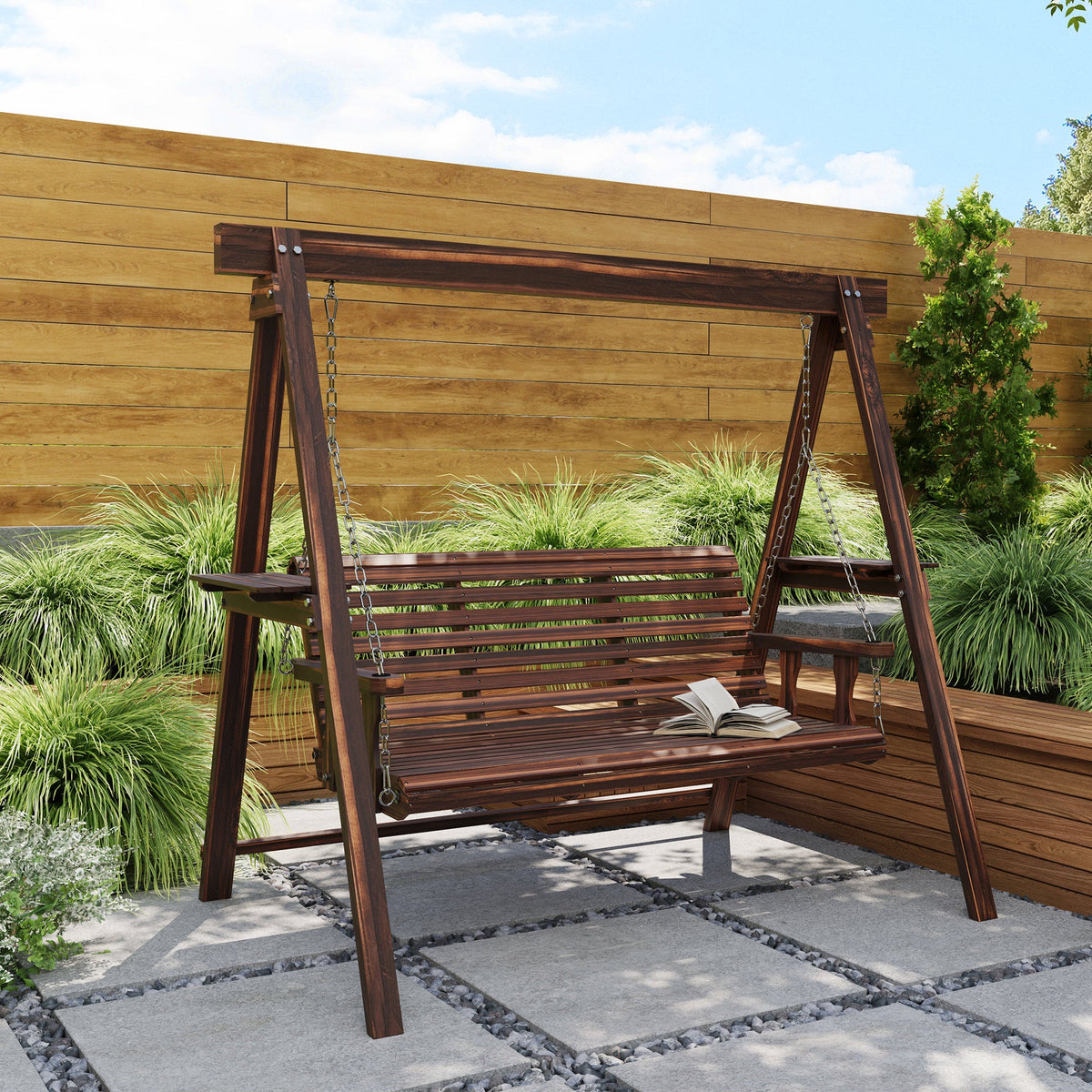 3-Seat Wooden Porch Swing with Stand & Side Tables, Carbonized Brown — product view 3